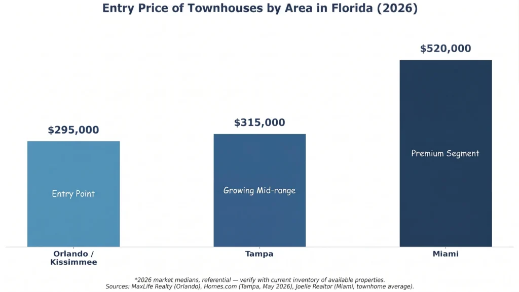 Bar chart showing entry-level townhouse prices in Florida for 2026 across Orlando, Tampa, and Miami