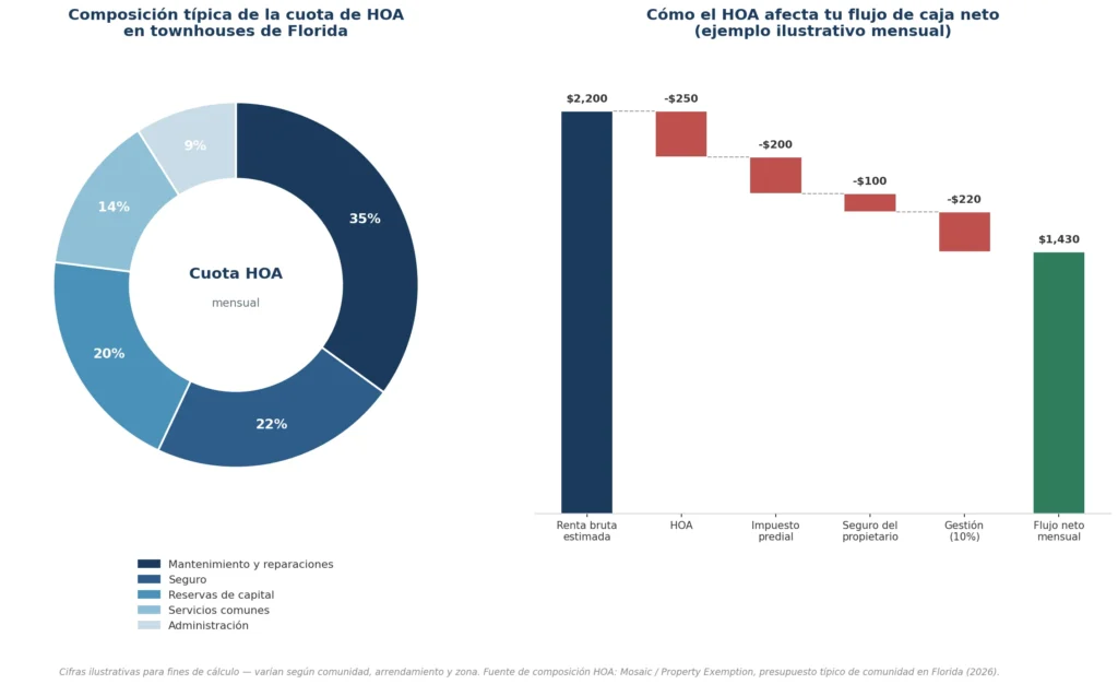 Gráficos sobre la cuota mensual de HOA en townhouses de Florida, mostrando su composición típica y su impacto en el flujo de caja neto