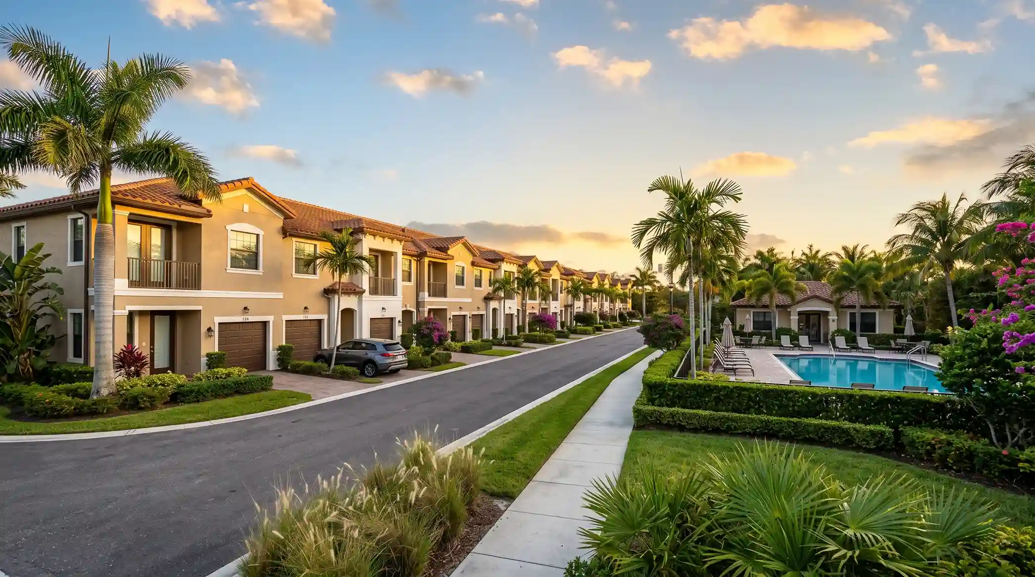 Complejo residencial de townhouses modernas en Florida con palmeras, piscina comunitaria y atardecer