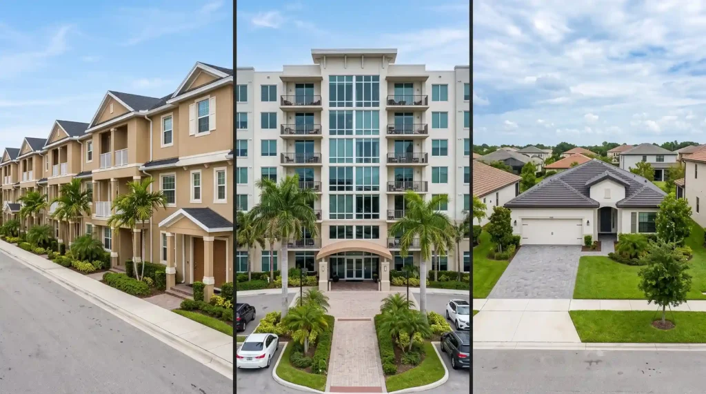 Comparación visual dividida en tres partes que muestra una townhouse, un edificio de condominios y una casa unifamiliar