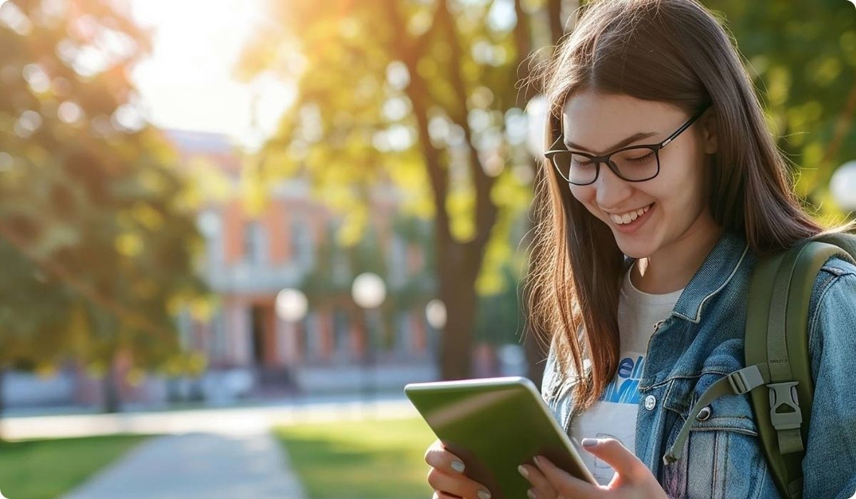 Una niña con gafas mira su tableta, explorando opciones de inversión en propiedades para estudiantes en Orlando.