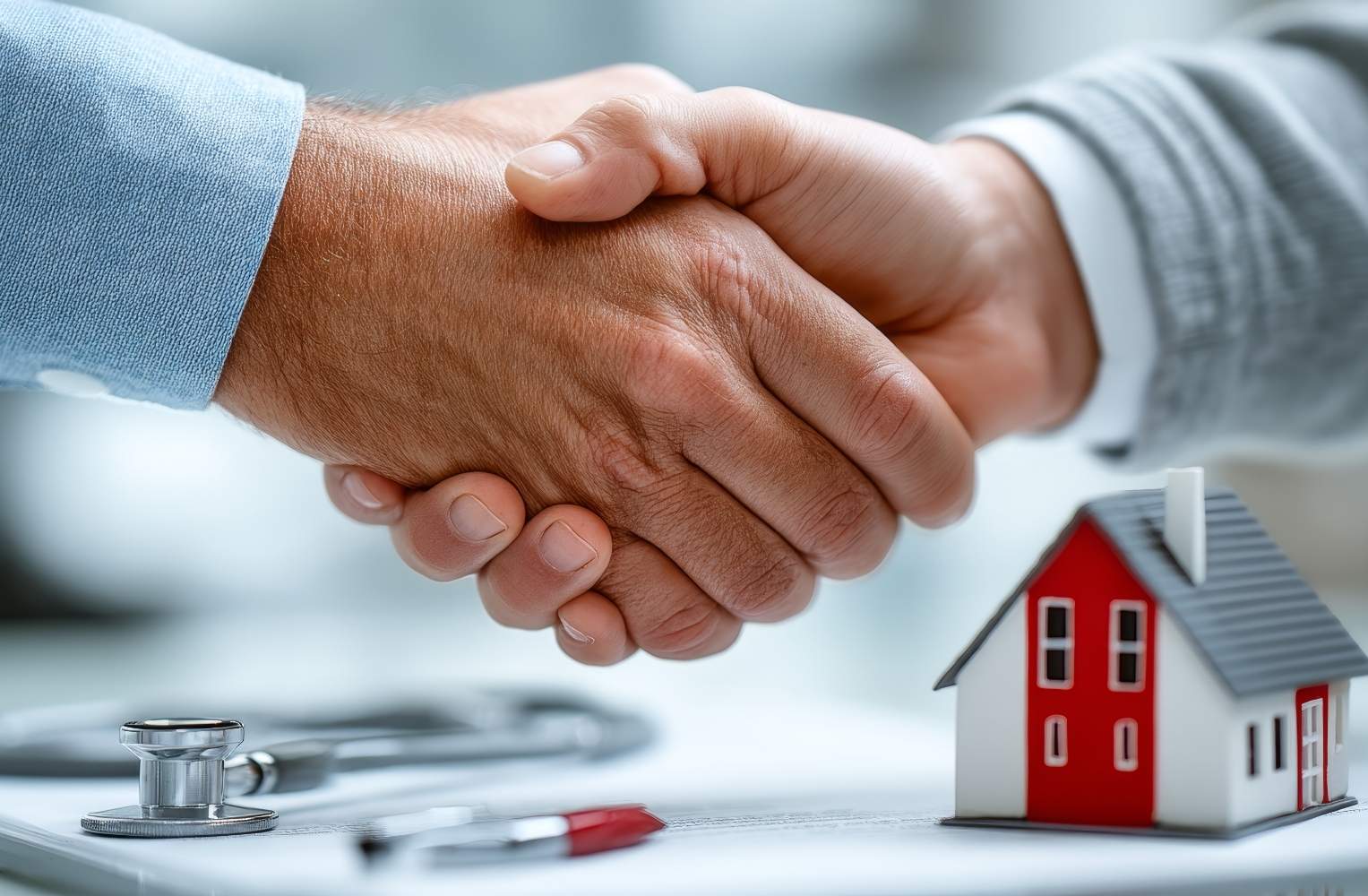 Dos personas estrechando manos sobre un modelo de casa, simbolizando un acuerdo en inversiones en Miami.