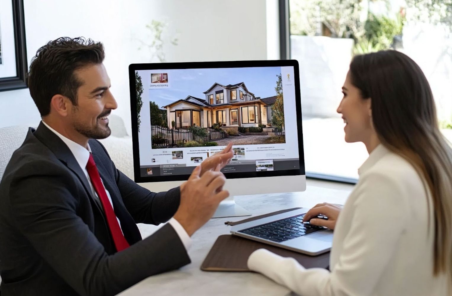 Hombre y mujer en traje de negocios observan una pantalla de computadora, revisando información sobre inversiones en Florida.