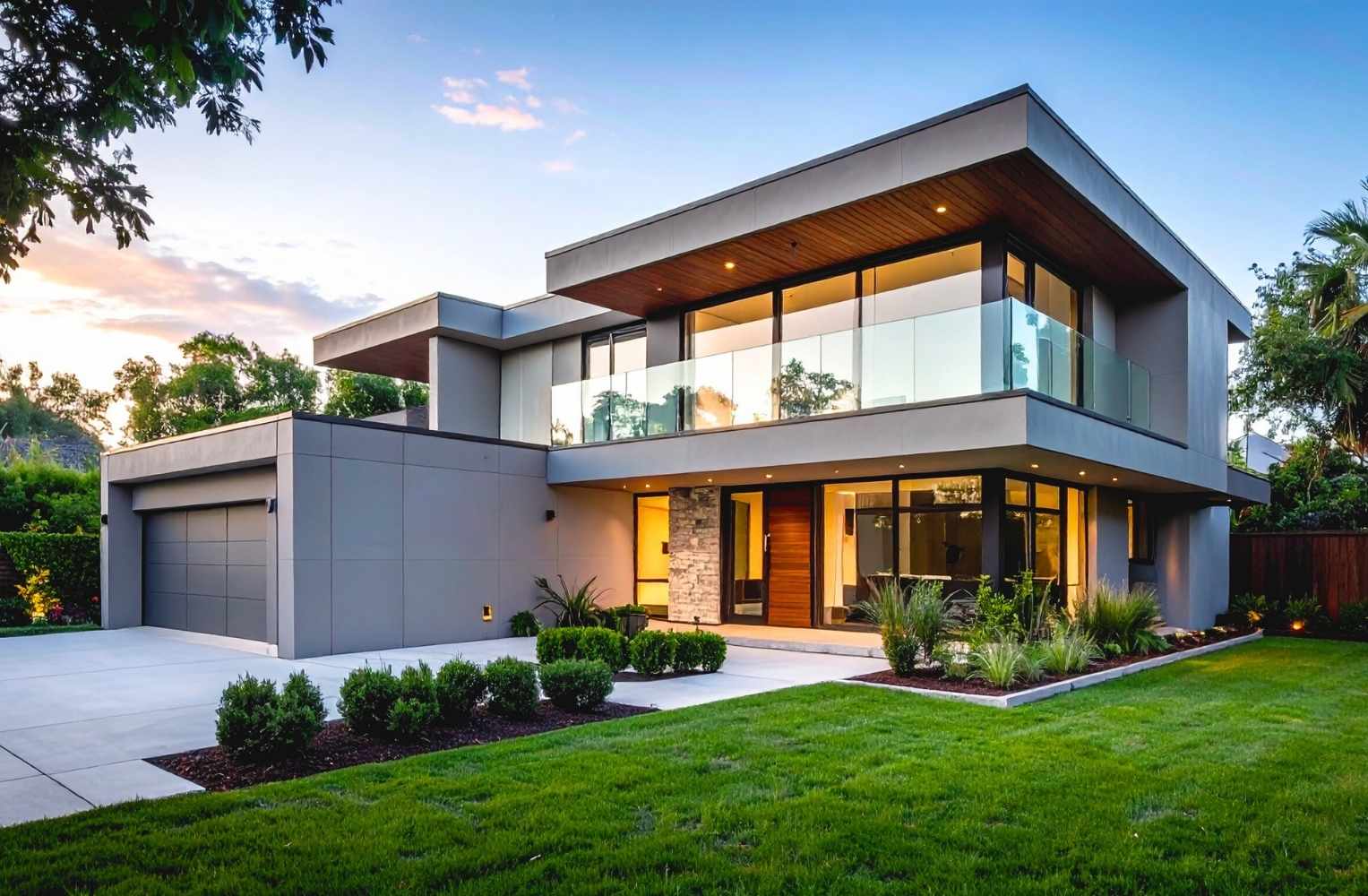 Exterior design of a modern house with clean lines and large windows.