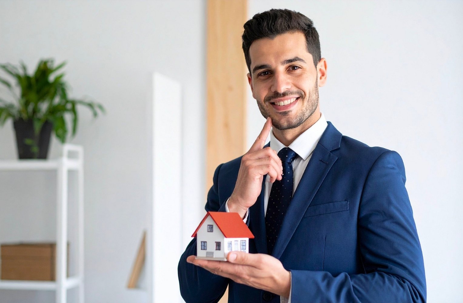 Un hombre de traje sostiene un modelo de casa.