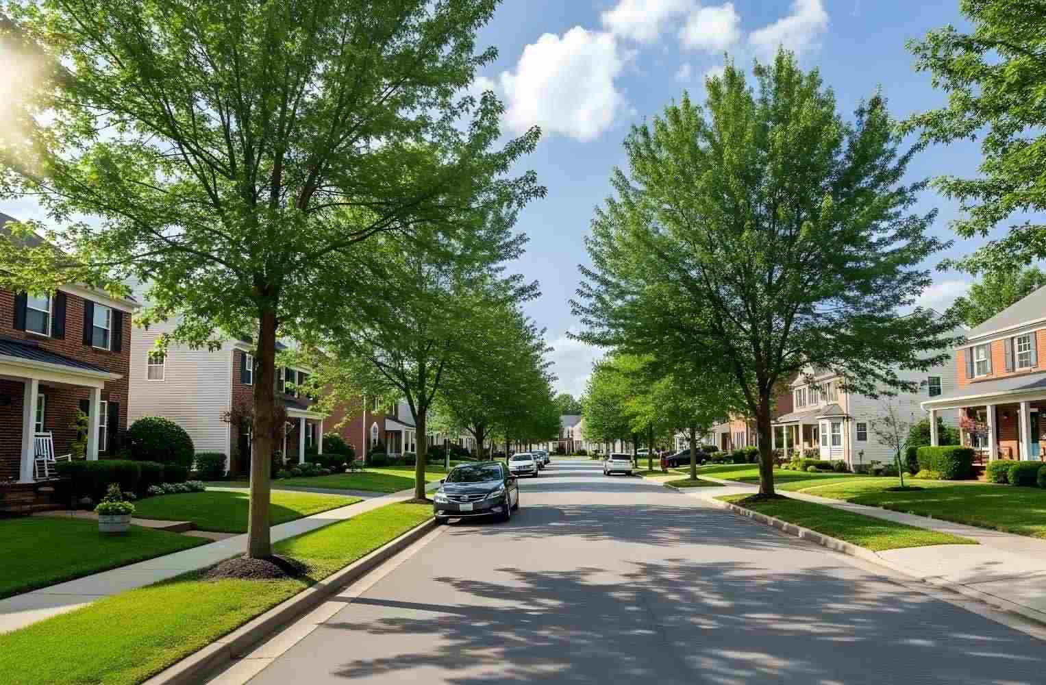 A quiet, tree-lined residential street in a neighborhood of family homes with well-kept gardens and cars parked under the shade of large trees.