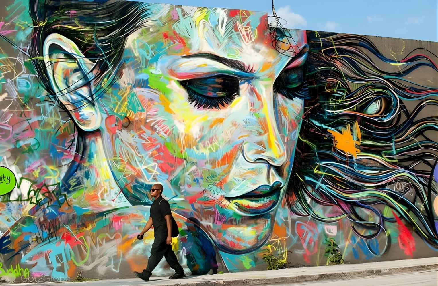 Hombre caminando frente a un mural colorido de arte callejero a gran escala en Wynwood Walls, Miami.