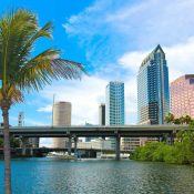 Vista panorámica del centro de Tampa con rascacielos modernos, puentes y palmeras tropicales junto al río Hillsborough.