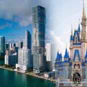Comparativa visual entre rascacielos de lujo en Miami y el castillo de Disney en Orlando para inversión inmobiliaria.