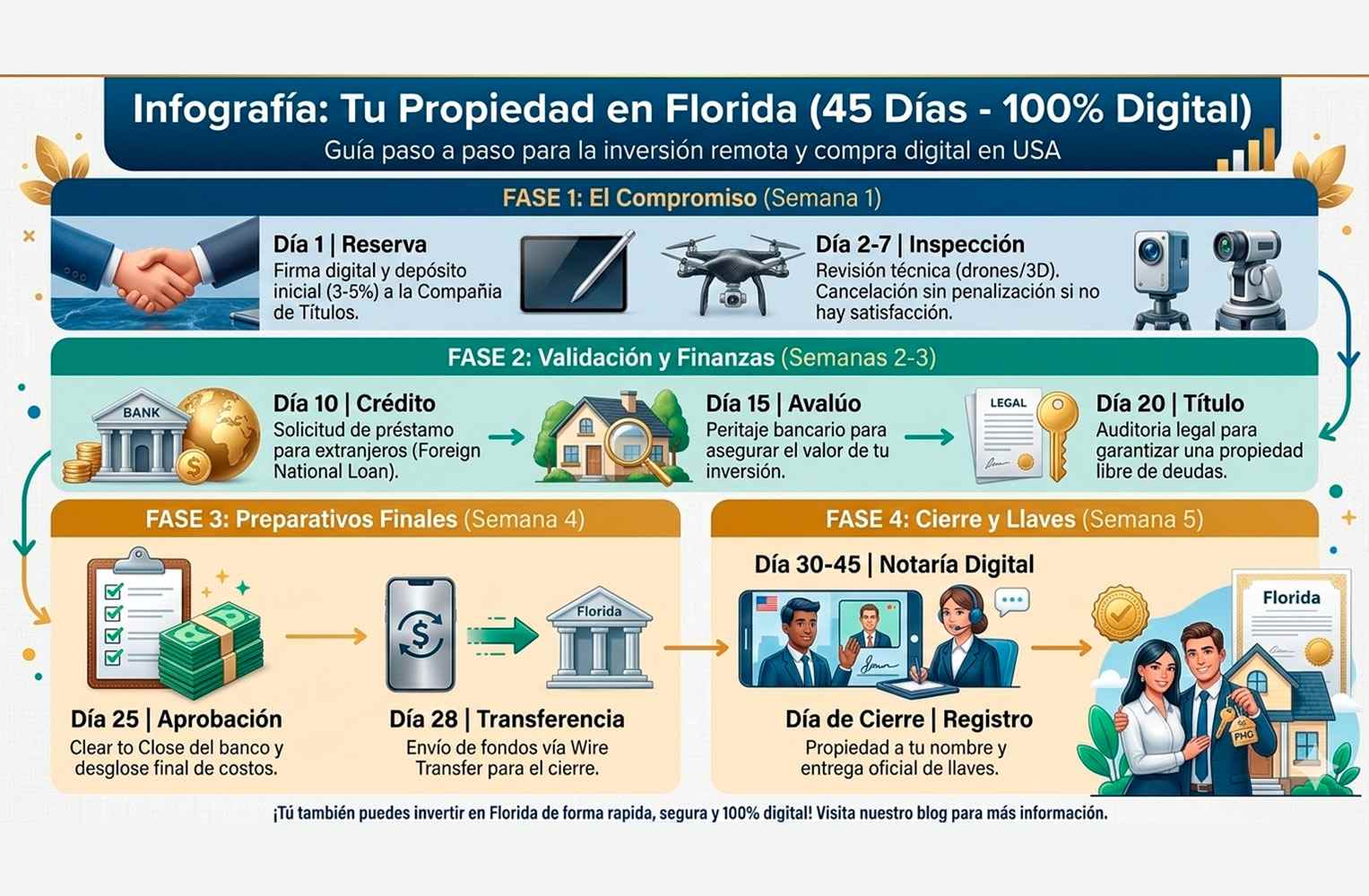 Infografía del cronograma de compra de propiedad en Florida en 45 días: desde la reserva y auditoría legal hasta el cierre con notaría digital.