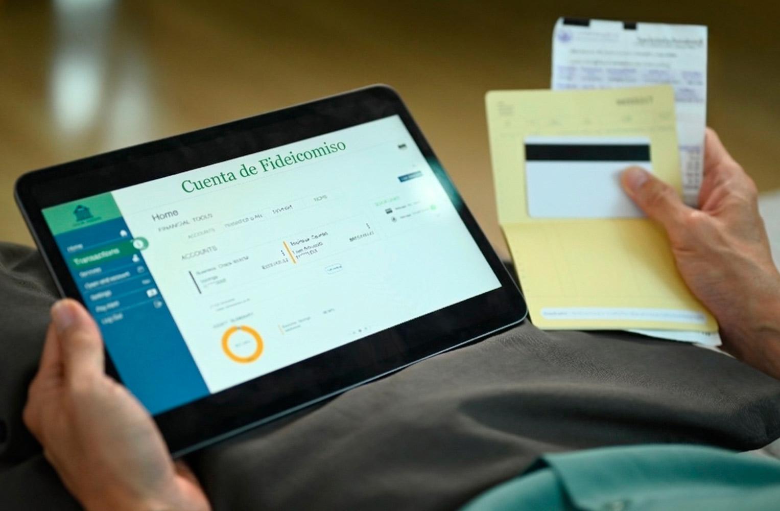 Persona consultando una "Cuenta de Fideicomiso" en una tablet mientras sostiene documentos bancarios.