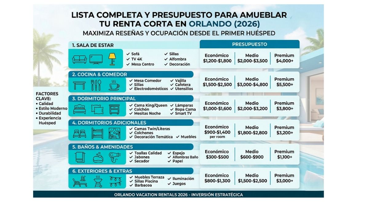 Infografía de presupuestos para amueblar rentas cortas en Orlando 2026