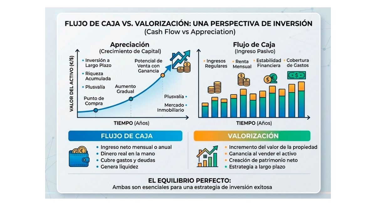 Infografía que compara flujo de caja y valorización en inversión inmobiliaria, mostrando ingresos pasivos y crecimiento del capital a largo plazo.