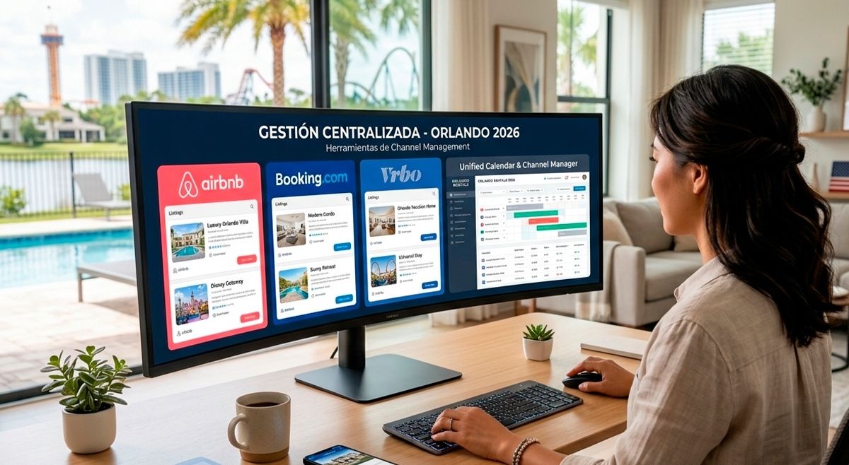 Pantalla con Channel Manager unificando calendarios de Airbnb, Booking.com y Vrbo.