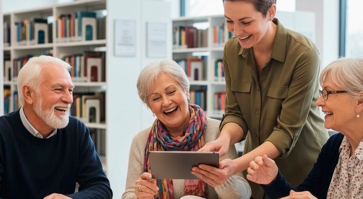 Adultos mayores en una comunidad 55 plus de Florida utilizando tecnología, representando el estilo de vida activo y social de los residentes.