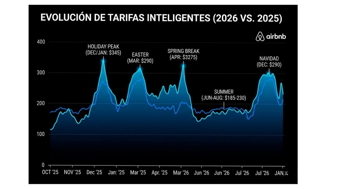 Gráfico de líneas que muestra la evolución de las tarifas inteligentes de Airbnb comparando 2026 con 2025