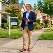 Asesor inmobiliario en Florida con tablet frente a una casa en venta; guía sobre préstamos DSCR e intercambio 1031.