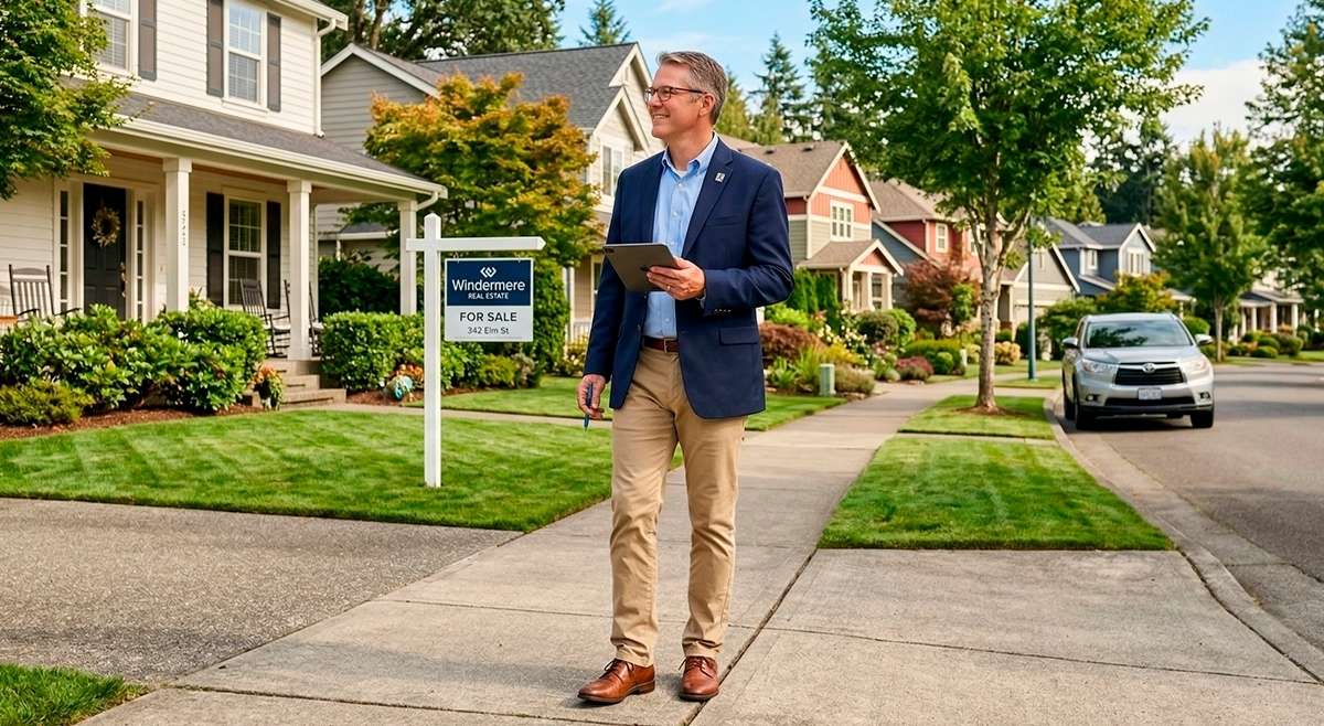 Asesor inmobiliario en Florida con tablet frente a una casa en venta; guía sobre préstamos DSCR e intercambio 1031.