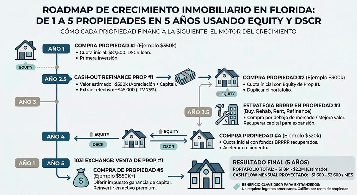 Infografía del Roadmap de crecimiento inmobiliario en Florida: cómo pasar de 1 a 5 propiedades en 5 años usando Equity, préstamos DSCR, estrategia BRRRR e intercambio 1031 para inversores extranjeros.