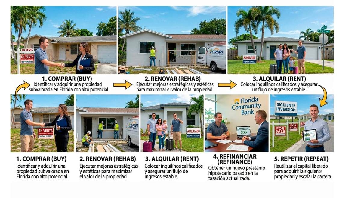 Infografía de estrategia BRRRR en Florida: comprar, renovar, alquilar, refinanciar y repetir para escalar inversión inmobiliaria.