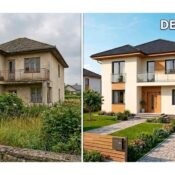 Una imagen de "antes y después" dividida verticalmente, mostrando la renovación exterior completa de una casa de dos pisos.