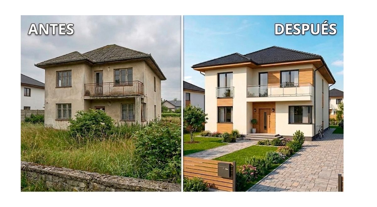 Una imagen de "antes y después" dividida verticalmente, mostrando la renovación exterior completa de una casa de dos pisos.