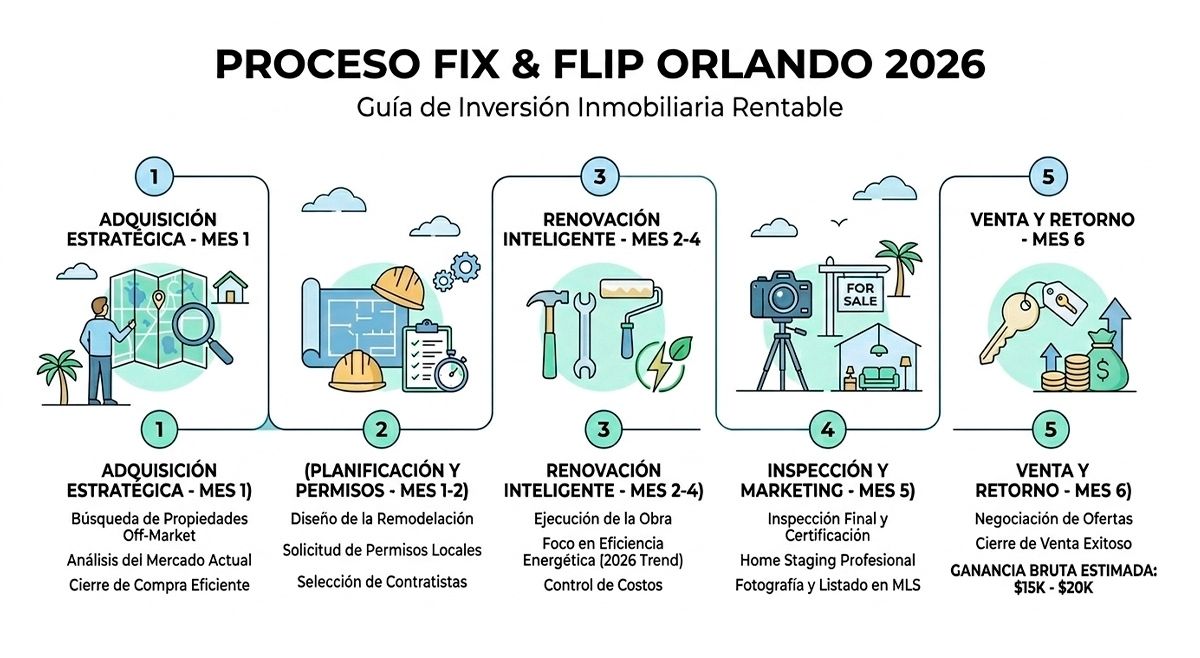 Infografía del proceso Fix and Flip en Orlando 2026: Guía paso a paso para inversión inmobiliaria rentable que incluye adquisición off-market, permisos, renovación inteligente con eficiencia energética.