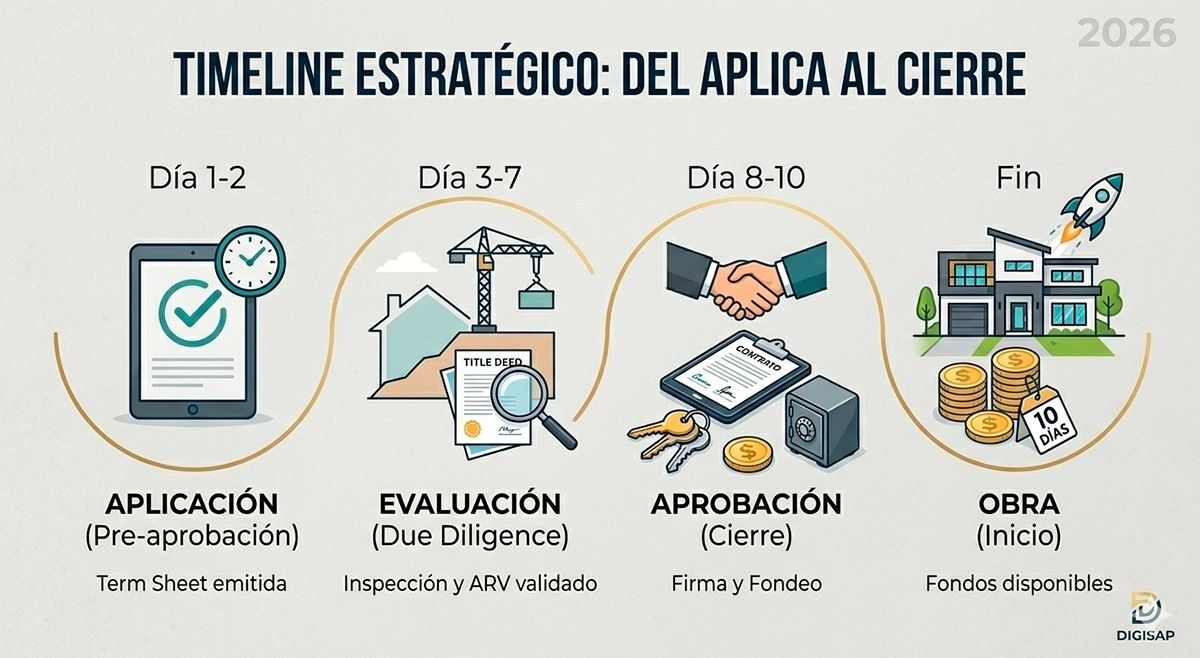 Infografía del proceso fix and flip en Florida, desde aplicación y evaluación hasta aprobación, cierre e inicio de obra.