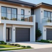 Fachada de casa dúplex moderna en Orlando ideal para House Hacking, con diseño contemporáneo, balcones de vidrio y garaje doble para inversión de extranjeros.