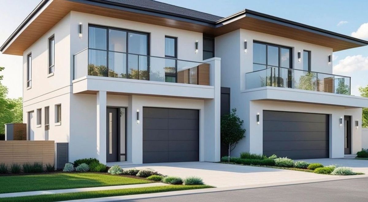 Fachada de casa dúplex moderna en Orlando ideal para House Hacking, con diseño contemporáneo, balcones de vidrio y garaje doble para inversión de extranjeros.