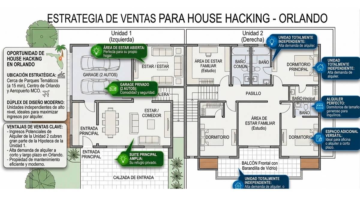 Plano detallado de estrategia de House Hacking en Orlando para inversión inmobiliaria.