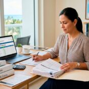 Mujer profesional completando formularios DBPR de Florida en un escritorio con una computadora portátil que muestra la "Florida Licensee Checklist 2026"