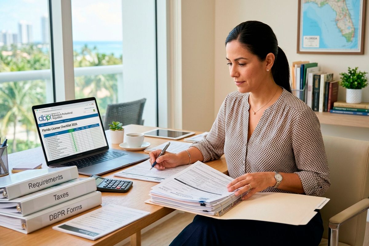 Mujer profesional completando formularios DBPR de Florida en un escritorio con una computadora portátil que muestra la "Florida Licensee Checklist 2026"