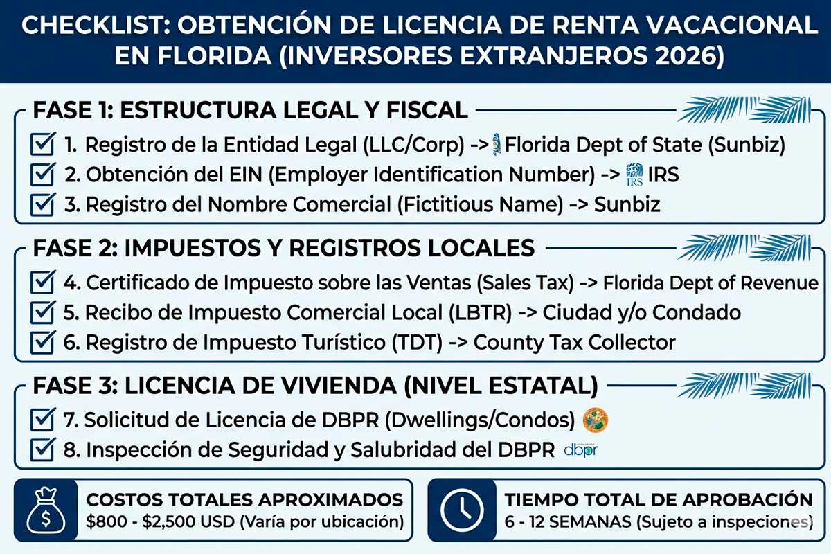 Infografía paso a paso para la obtención de licencia de renta vacacional en Florida 2026