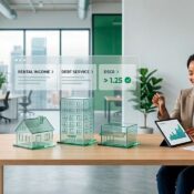 Asesores analizan inversión inmobiliaria con modelo DSCR, mostrando ingresos, deuda y rentabilidad de propiedades en Florida.