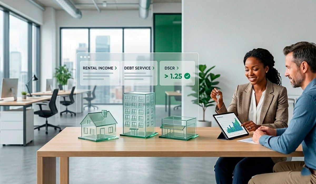 Asesores analizan inversión inmobiliaria con modelo DSCR, mostrando ingresos, deuda y rentabilidad de propiedades en Florida.