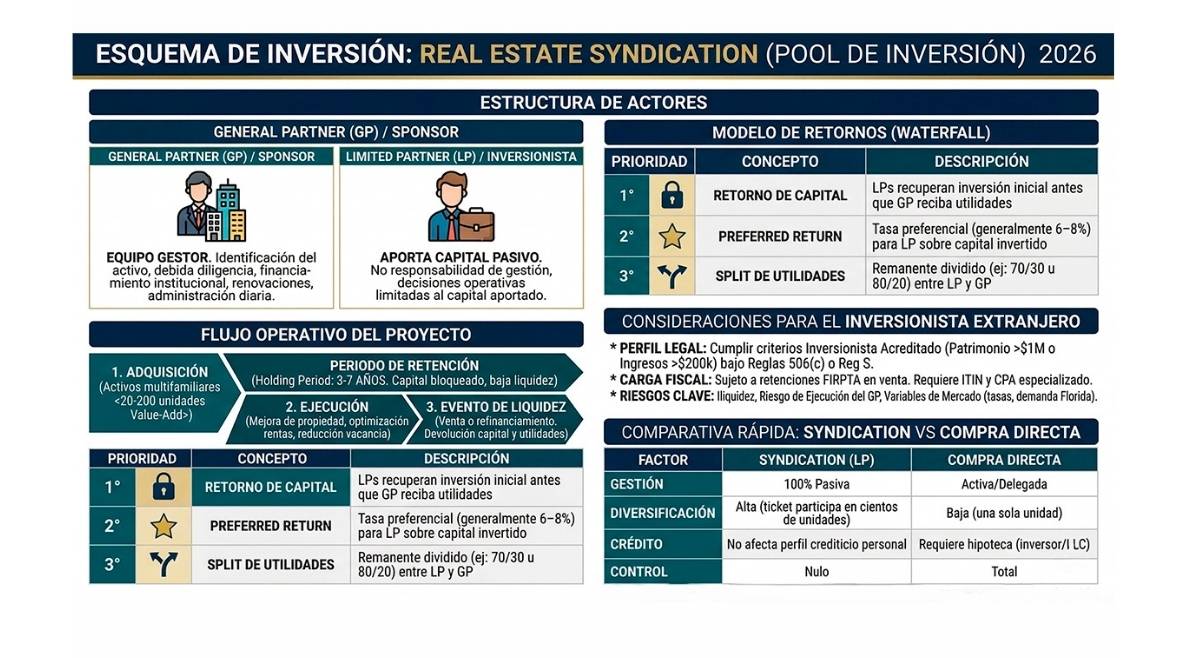 Esquema detallado de Real Estate Syndication 2026 en Orlando: estructura de General Partner (GP) y Limited Partner (LP), modelo de retornos Waterfall con Preferred Return y comparativa de inversión pasiva vs. compra directa para extranjeros bajo Reglas 506(c) o Reg S.