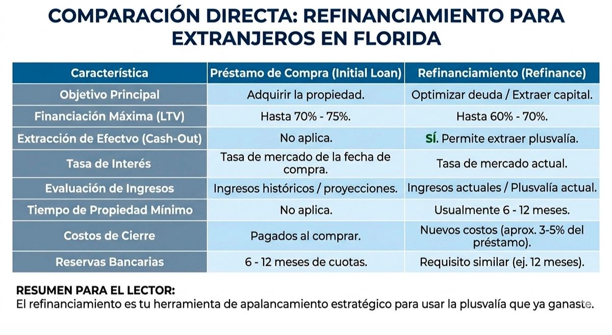 Tabla comparativa de préstamos y refinanciamiento en Florida para extranjeros, incluyendo tasas, LTV, ingresos y extracción de capital.
