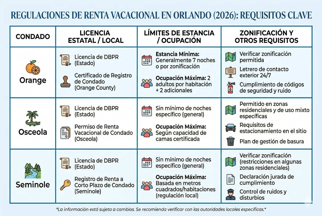 Infografía sobre regulaciones de renta vacacional en Orlando 2026 con requisitos por condado Orange, Osceola y Seminole