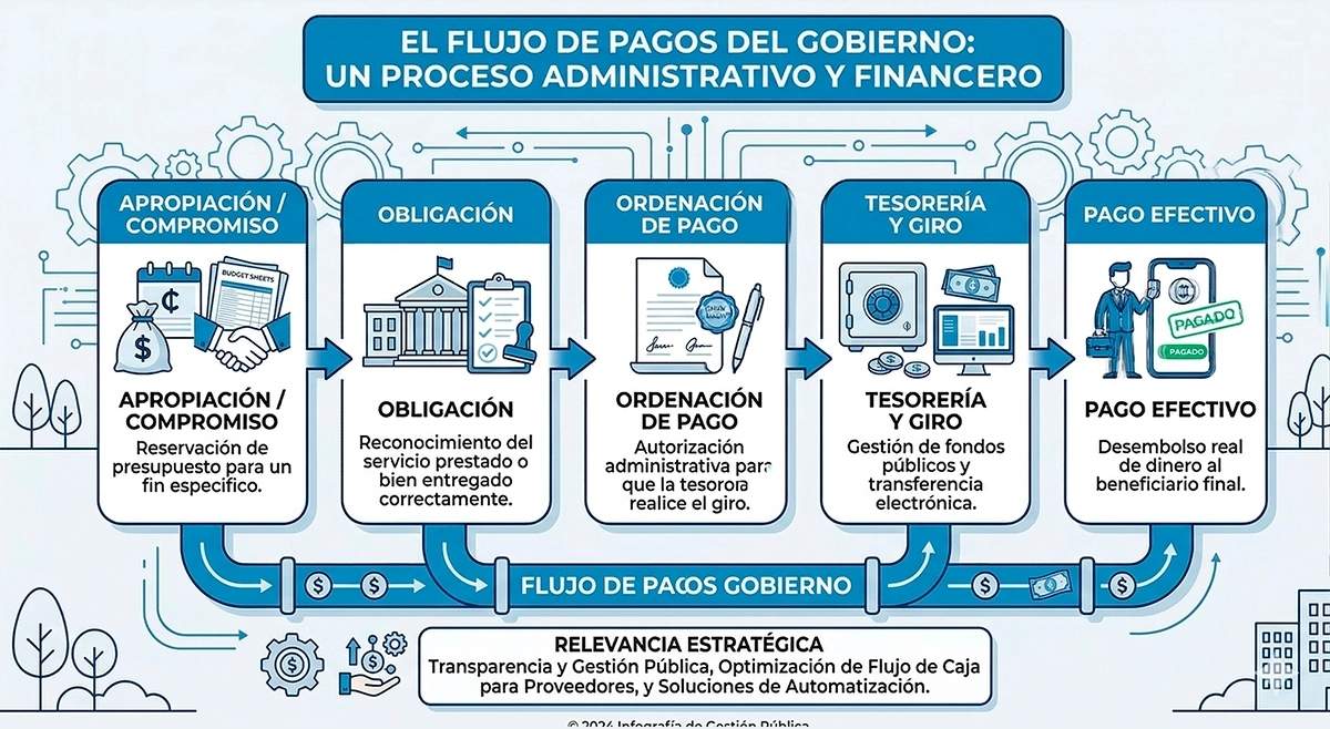Infografía detallada sobre el flujo de pagos del gobierno y renta garantizada, explicando las etapas desde la apropiación hasta el pago efectivo para inversores.