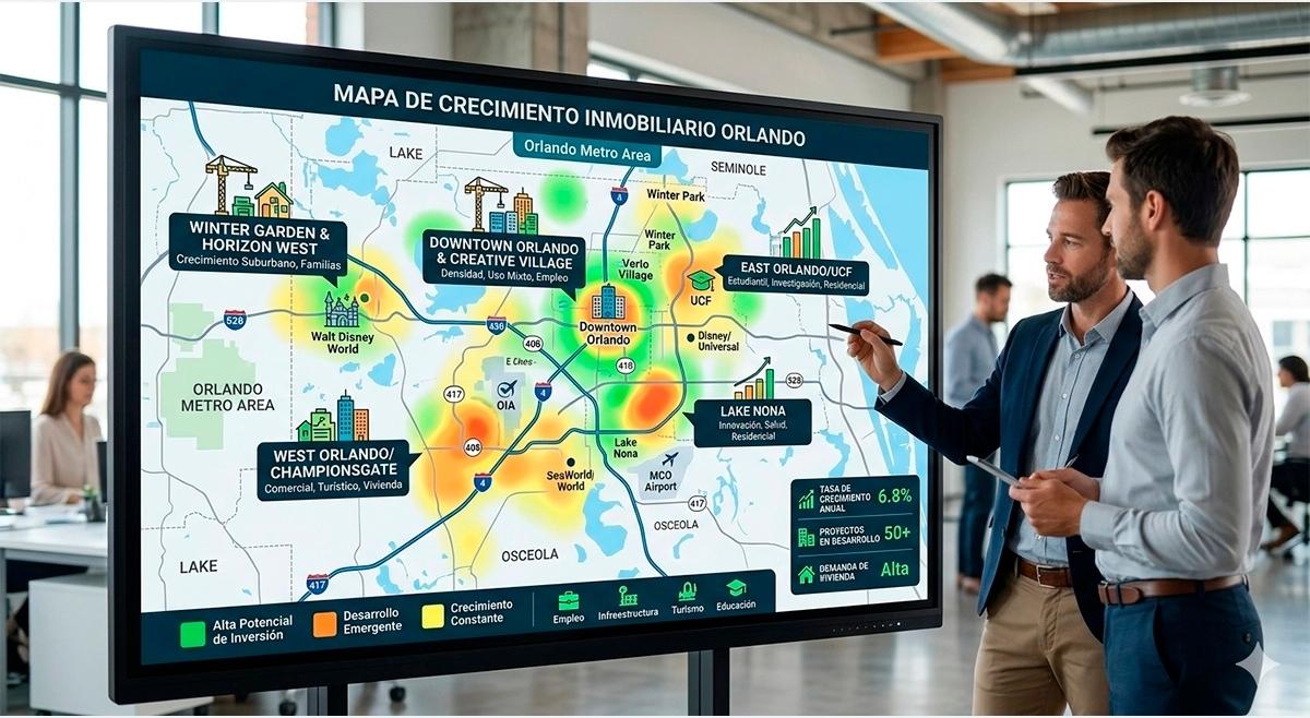 Mapa de crecimiento inmobiliario en Orlando que muestra zonas de alta inversión como Winter Garden, Lake Nona y Downtown para inversores extranjeros.