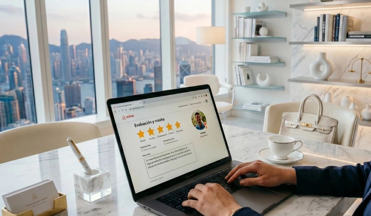 Anfitrión de Airbnb gestionando reseñas de cinco estrellas en laptop desde oficina de lujo con vista a ciudad