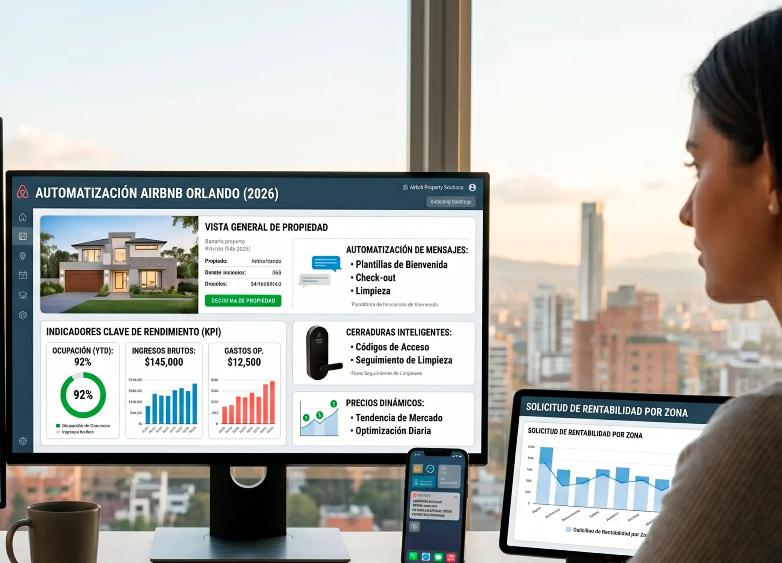 Dashboard de automatización Airbnb Orlando con KPIs de 92% ocupación e ingresos de $145,000, gestión remota desde monitor, tablet y smartphone