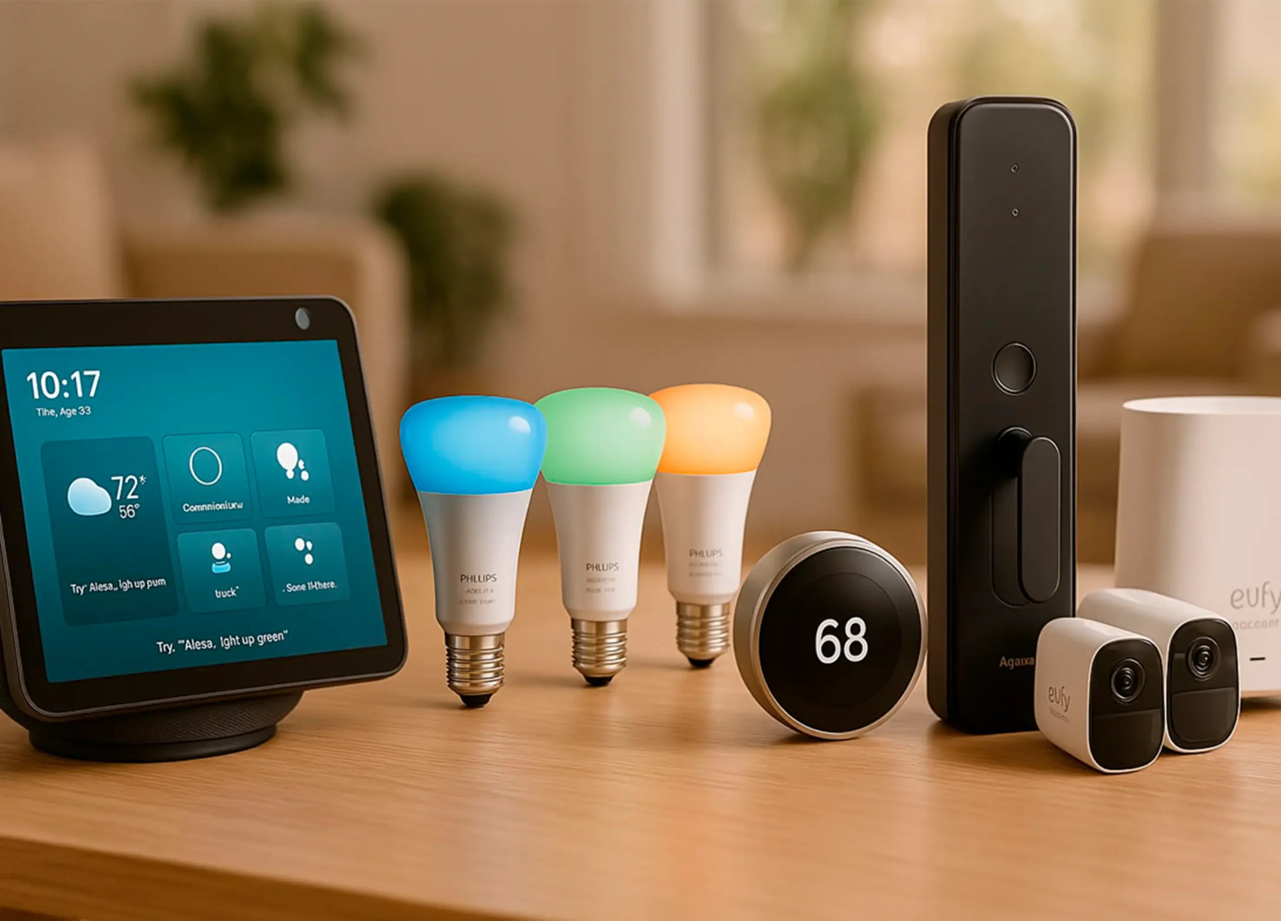 Conjunto de dispositivos smart home para automatización de vacation rental en Orlando: pantalla Alexa, bombillas inteligentes, termostato Nest, cerradura digital y cámaras de seguridad