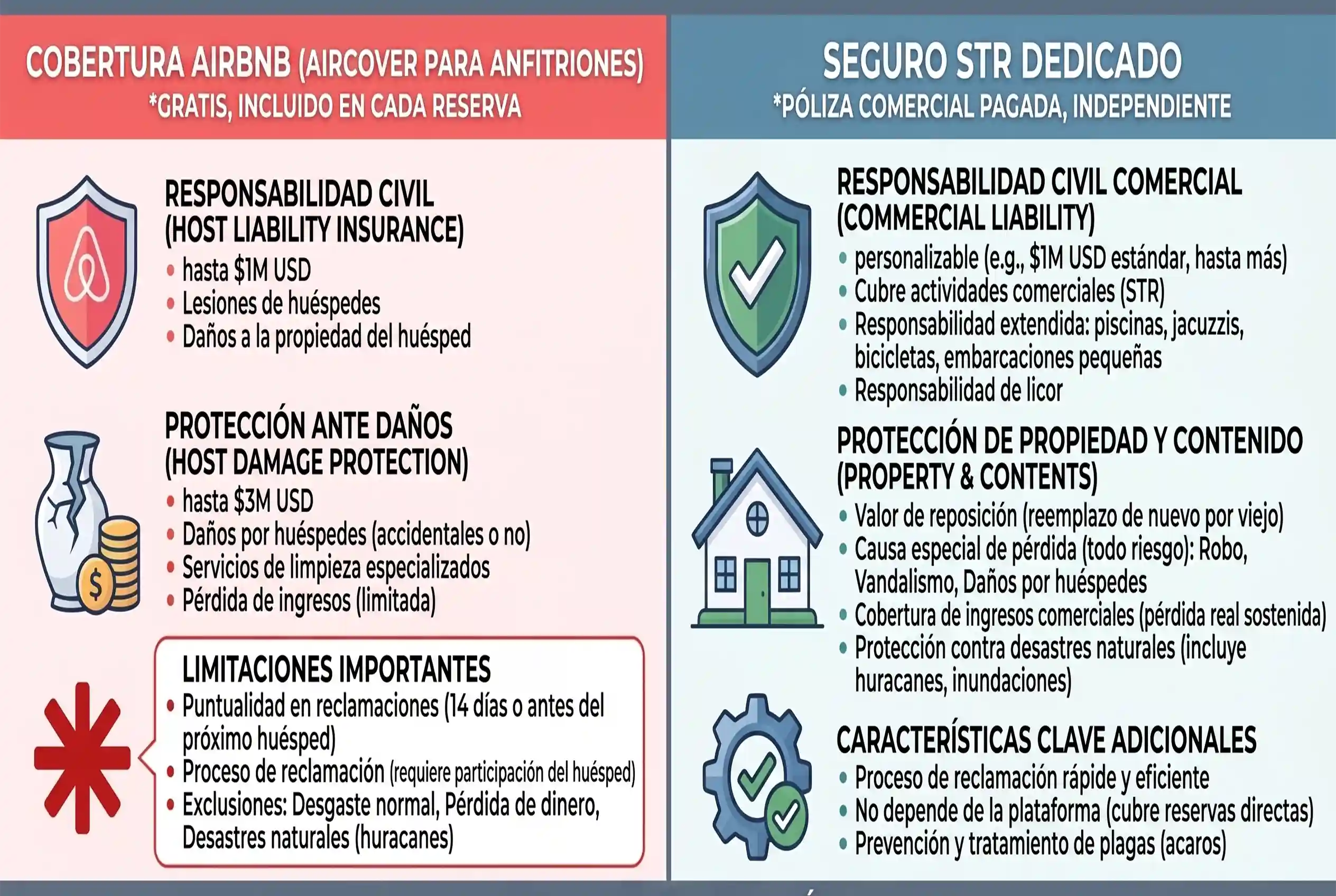 Infografía comparativa entre AirCover de Airbnb y seguro STR dedicado para propiedades vacacionales: coberturas, montos, limitaciones y características clave