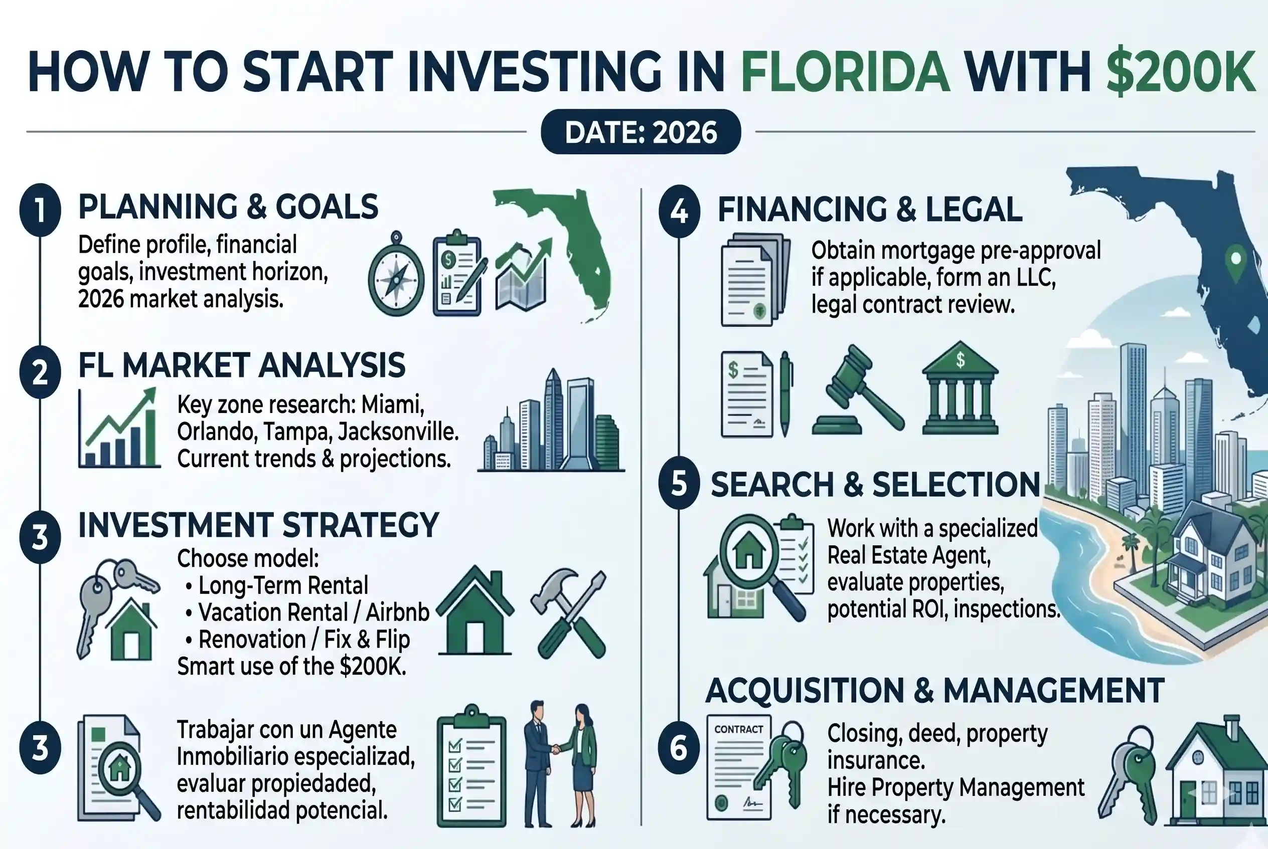 Infografía con seis pasos para invertir en Florida con 200 mil dólares: planificación, análisis de mercado, estrategia, financiamiento, búsqueda y adquisición de propiedad