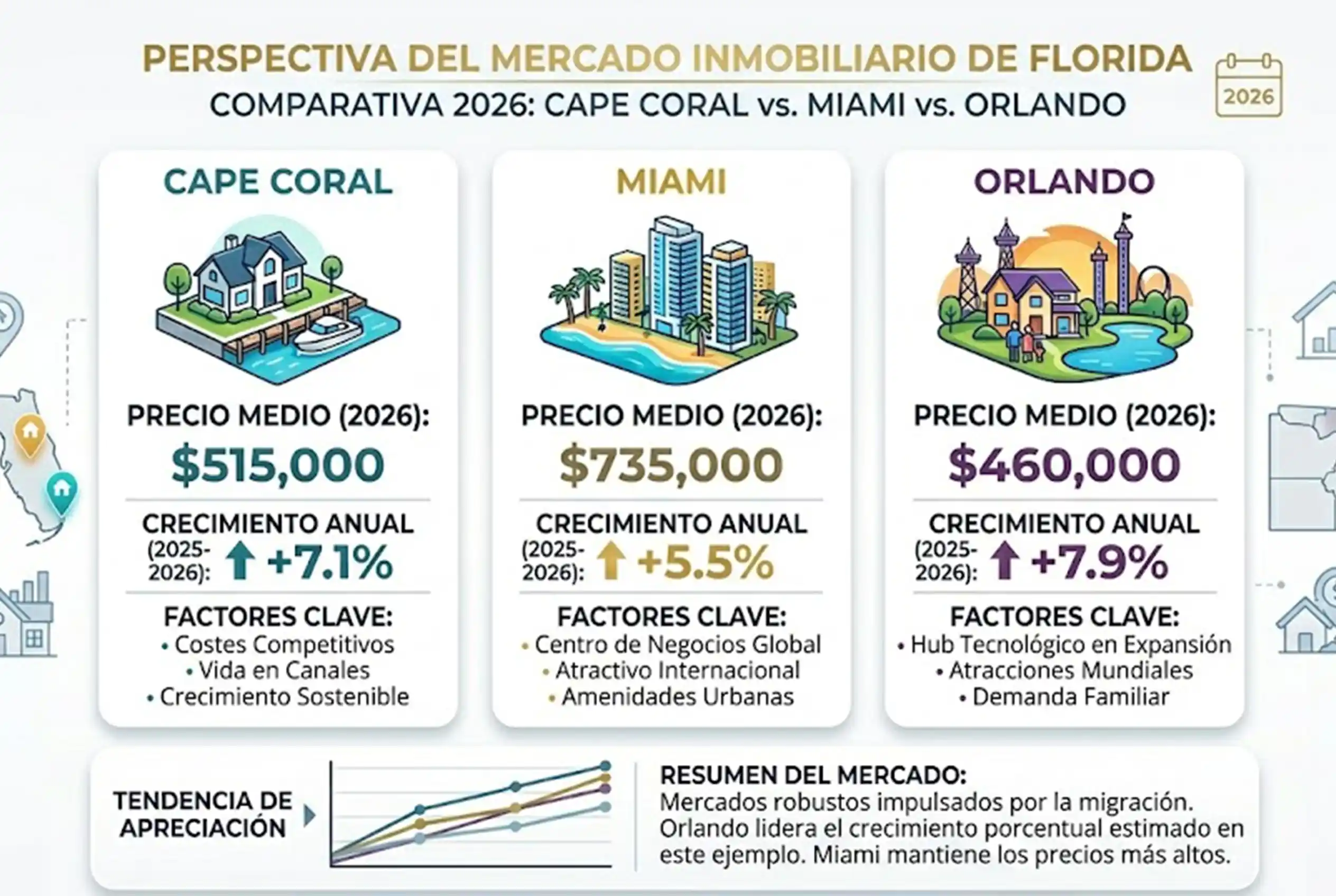 Infografía comparativa del mercado inmobiliario de Florida 2026: Cape Coral a $515,000 con +7.1%, Miami a $735,000 con +5.5%