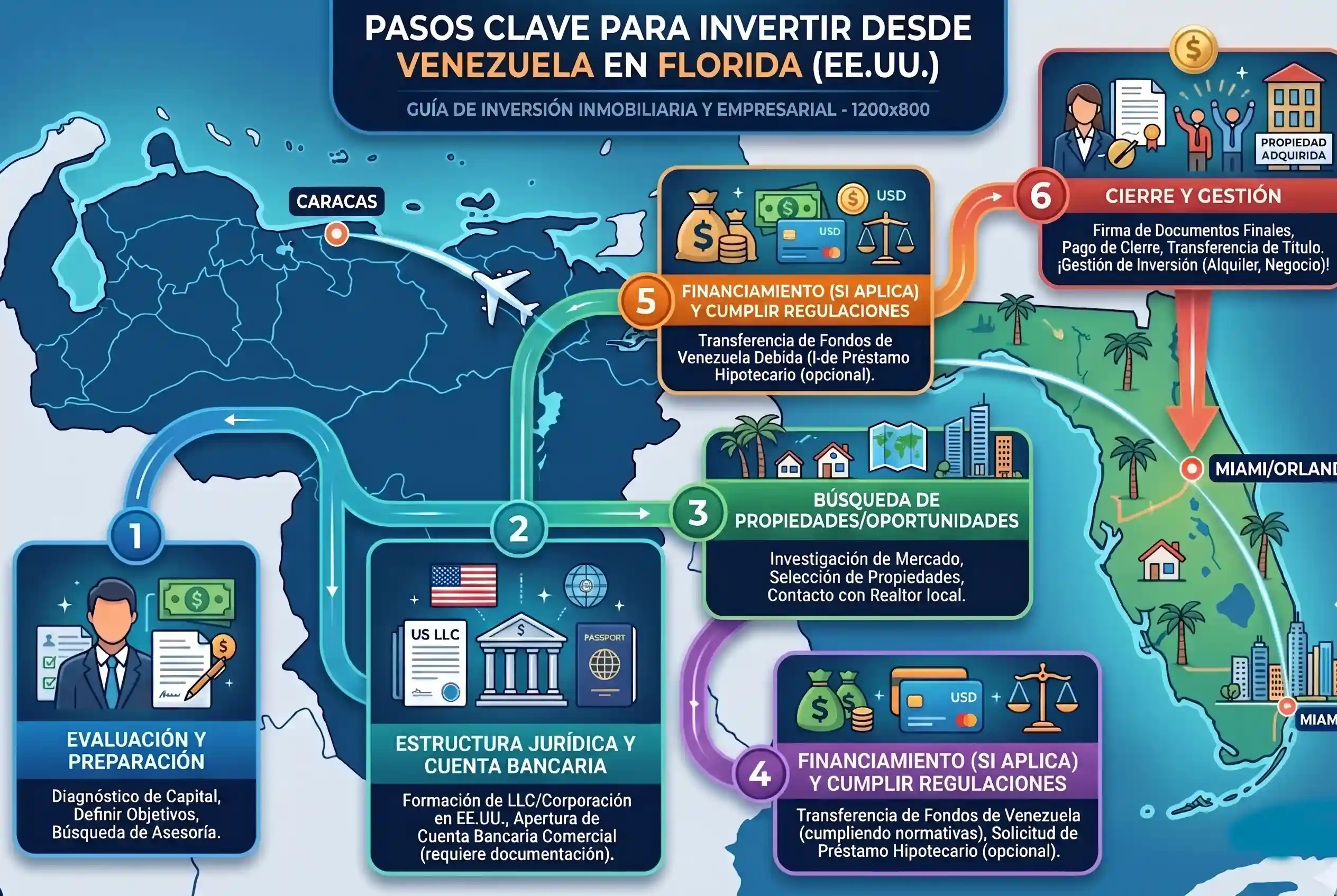 Infografía con seis pasos para invertir en Florida desde Venezuela: evaluación, estructura jurídica, búsqueda de propiedades, financiamiento, regulaciones y cierre en Miami u Orlando