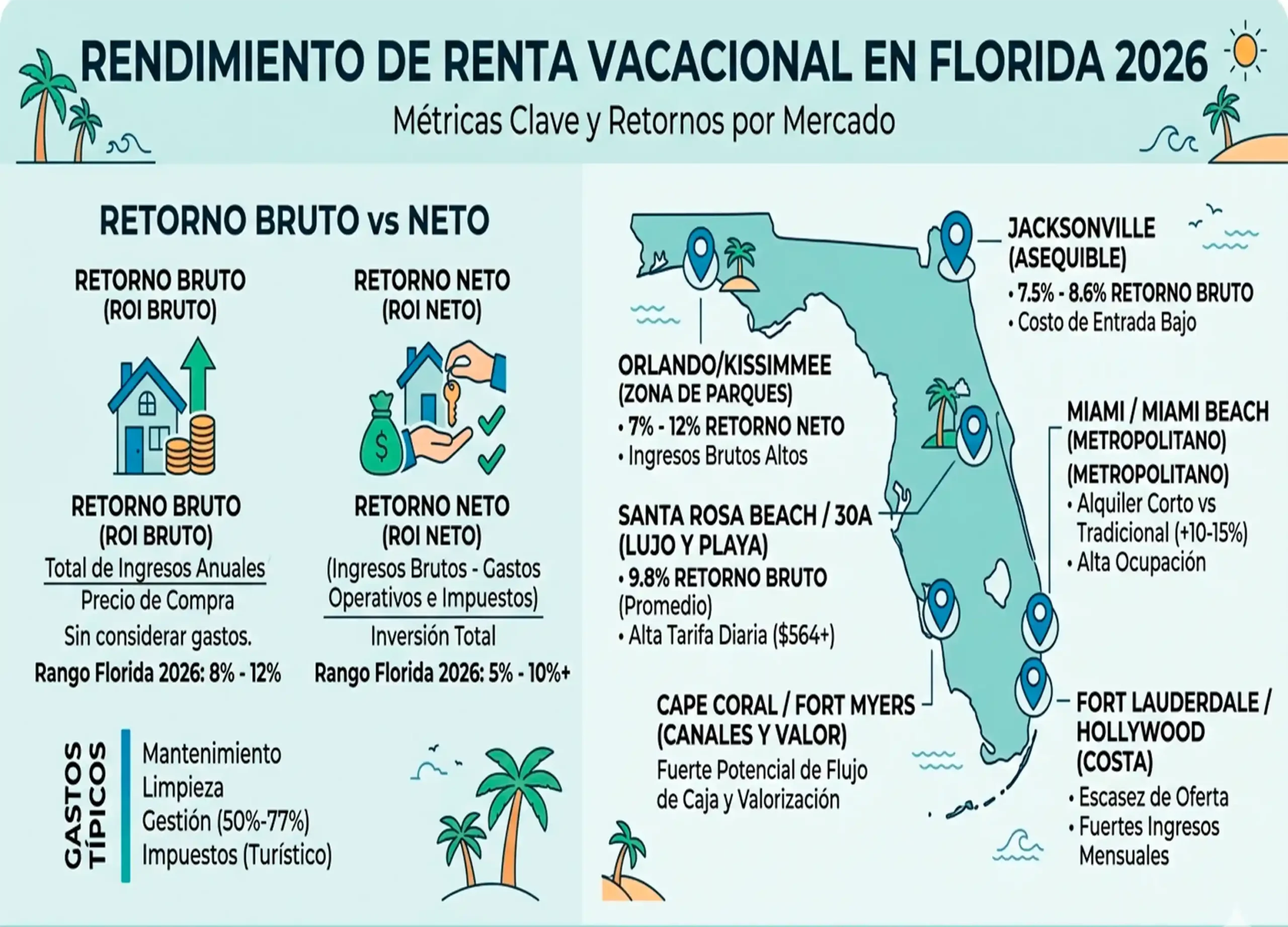 Infografía de rendimiento de renta vacacional en Florida 2026: ROI bruto 8%-12% y neto 5%-10% con retornos por mercado en Orlando, Miami, Cape Coral, Jacksonville y Fort Lauderdale