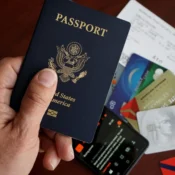 Mano sosteniendo pasaporte de Estados Unidos junto a tarjetas de crédito y documentos financieros, elementos clave para estructurar una inversión en bienes raíces en Florida con visa E-2